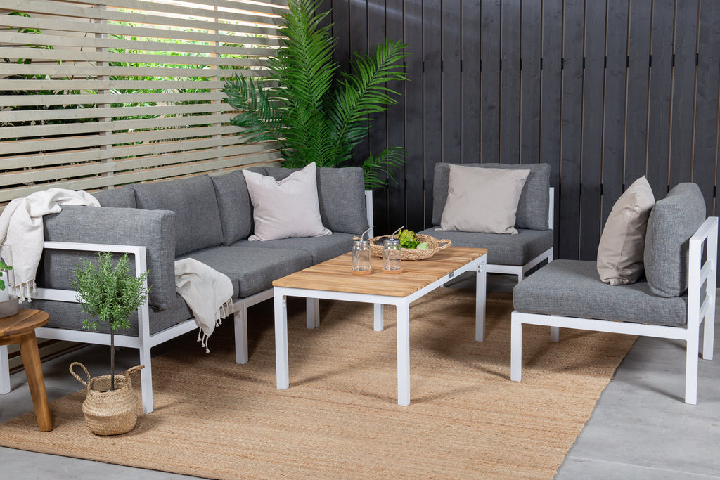 Copacabana hörndel vit aluminium/grå dyna med Brasilia soffbord 60x110x55