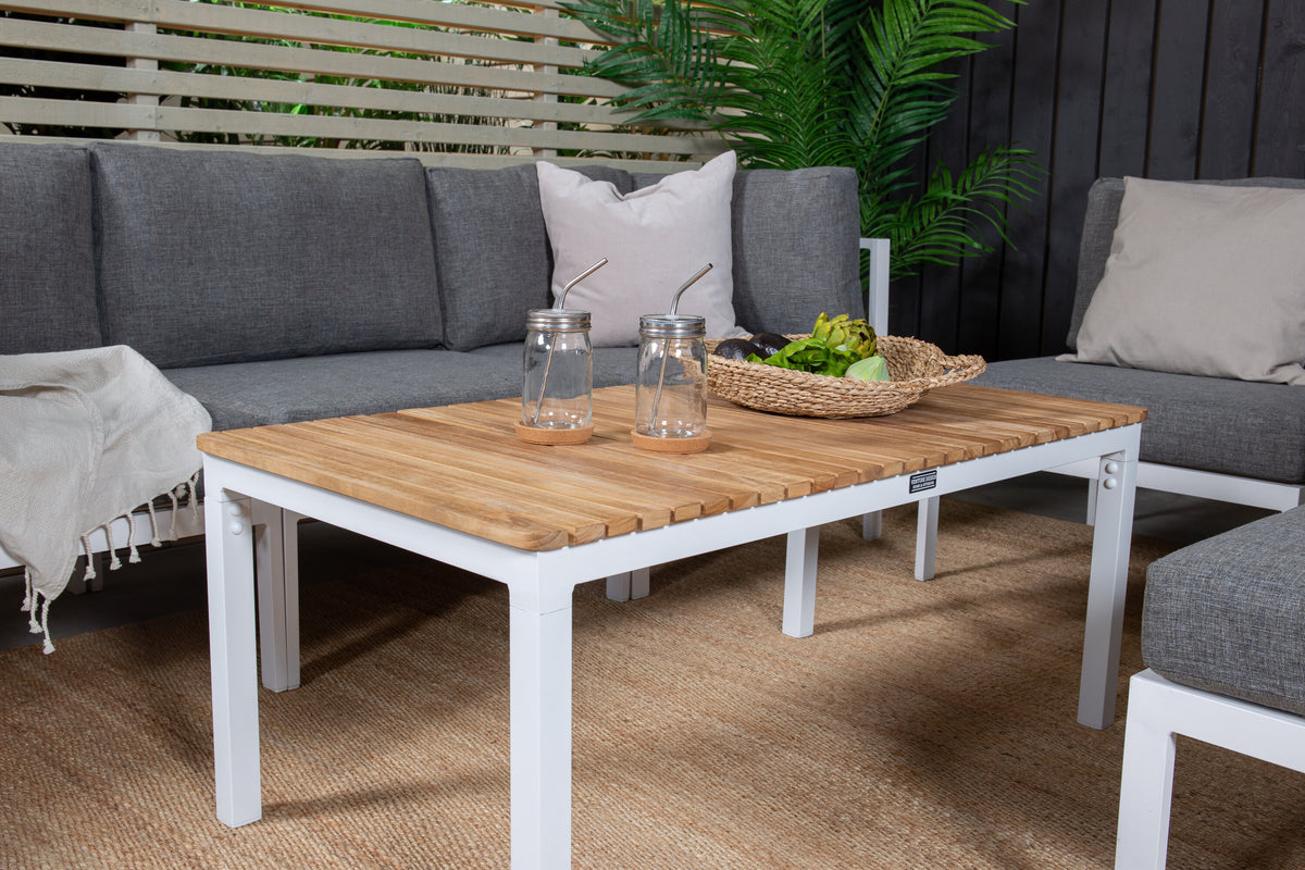 Copacabana hörndel vit aluminium/grå dyna med Brasilia soffbord 60x110x55