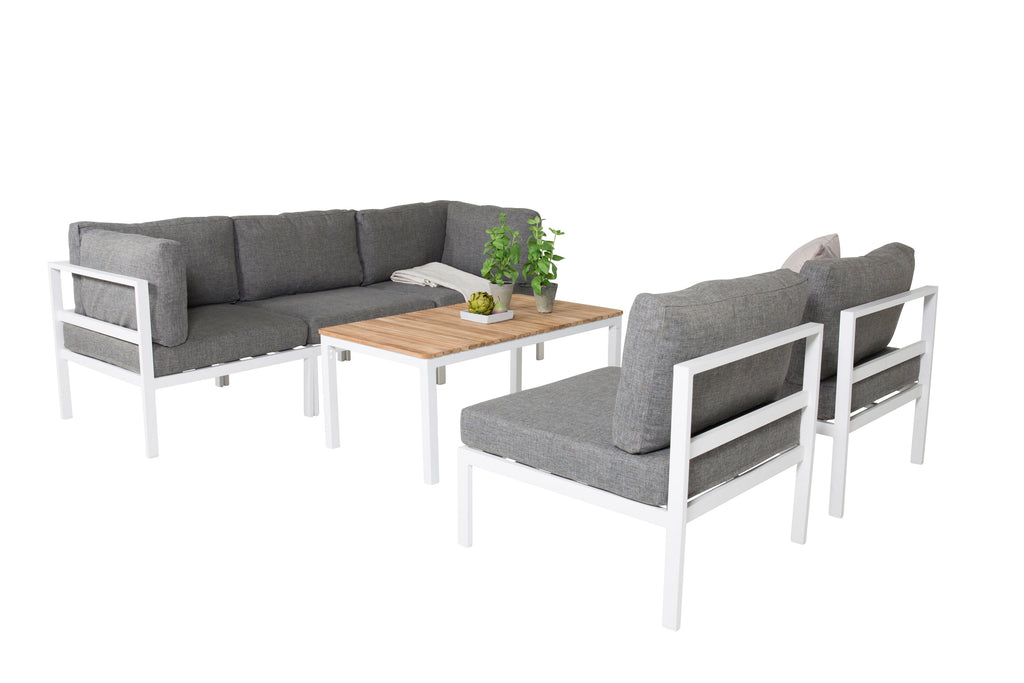 Copacabana hörndel vit aluminium/grå dyna med Brasilia soffbord 60x110x55