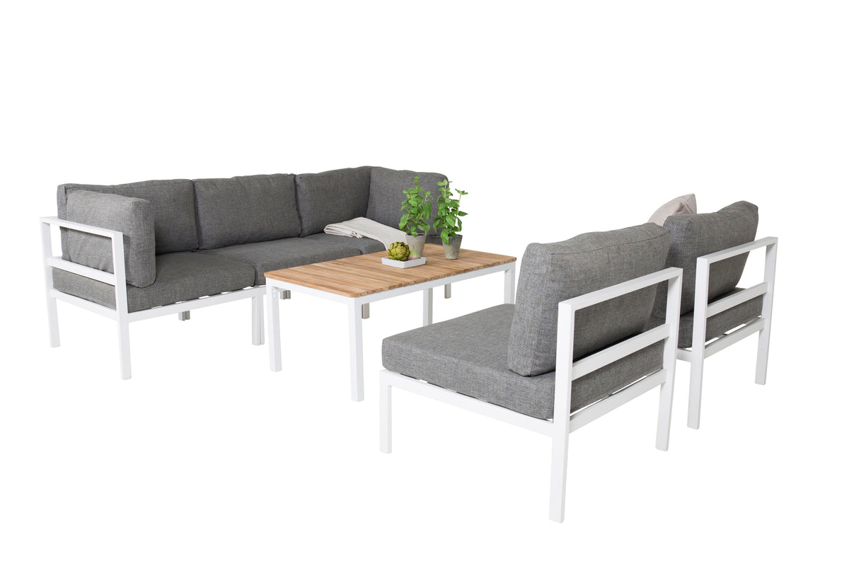 Copacabana hörndel vit aluminium/grå dyna med Brasilia soffbord 60x110x55