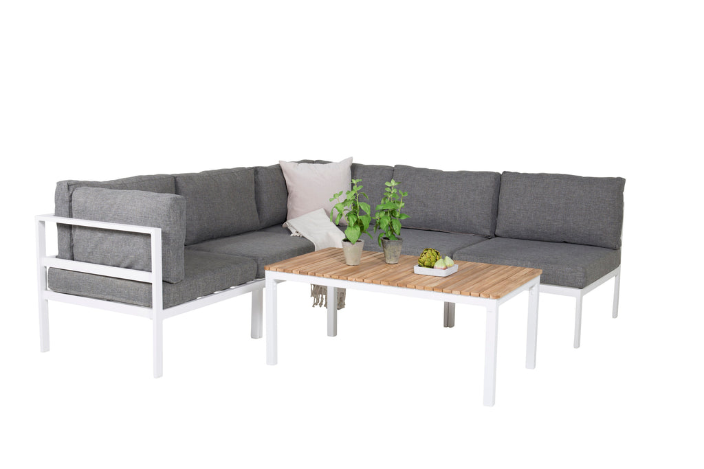 Copacabana hörndel vit aluminium/grå dyna med Brasilia soffbord 60x110x55