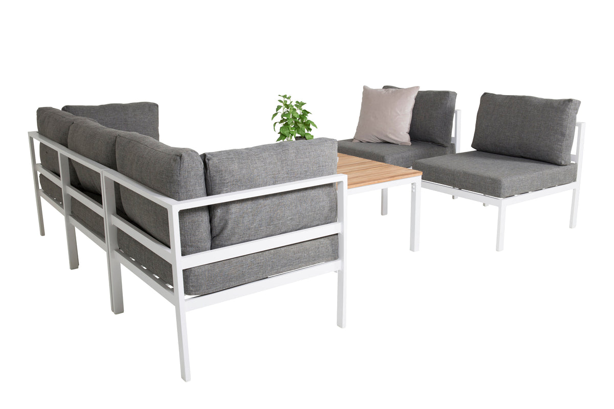 Copacabana hörndel vit aluminium/grå dyna med Brasilia soffbord 60x110x55