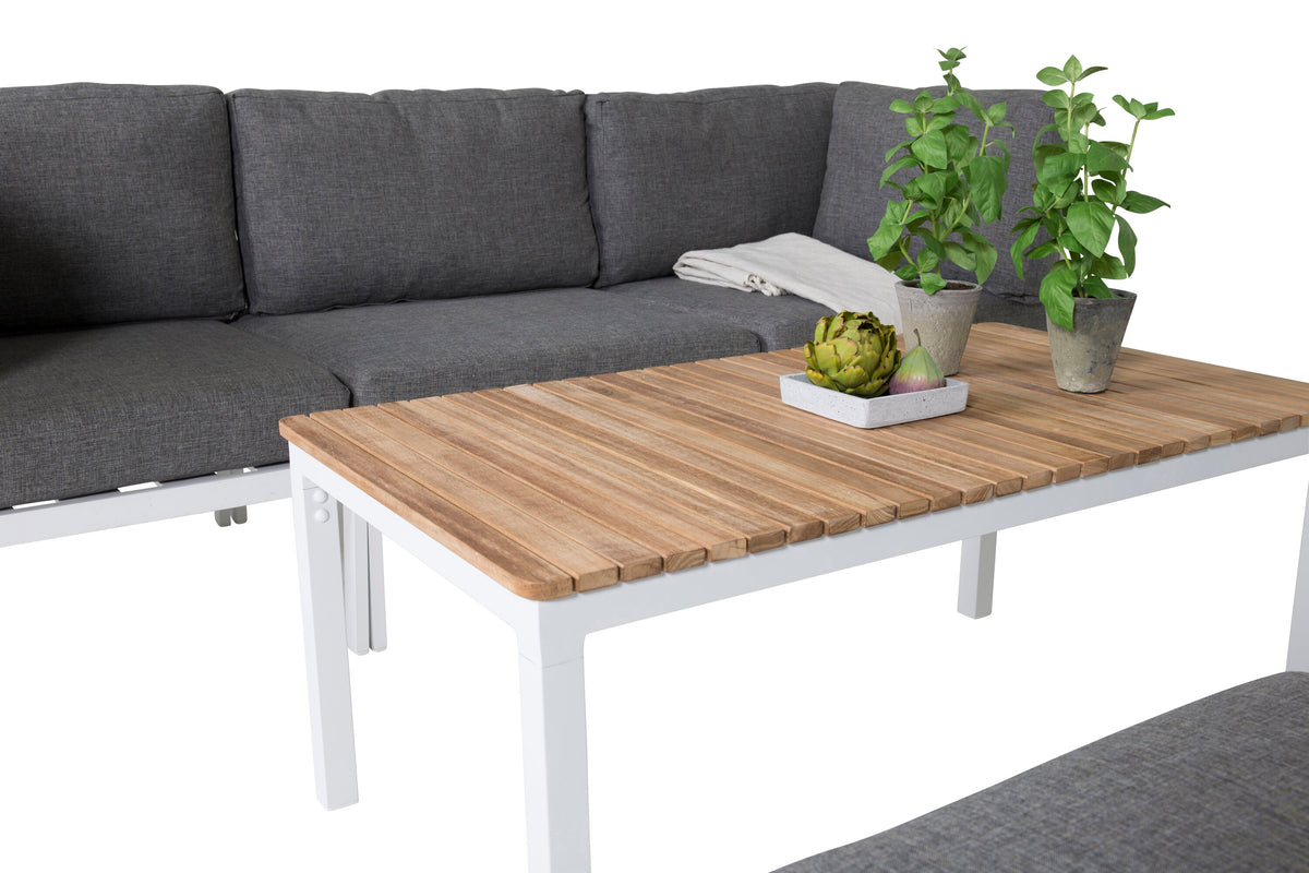 Copacabana hörndel vit aluminium/grå dyna med Brasilia soffbord 60x110x55