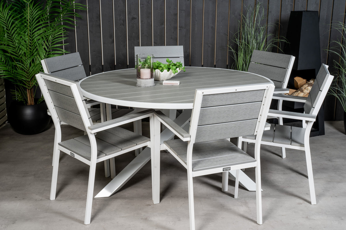 Parma matgrupp med 6 stapelbara Levels-stolar Ø140 cm vit/grå