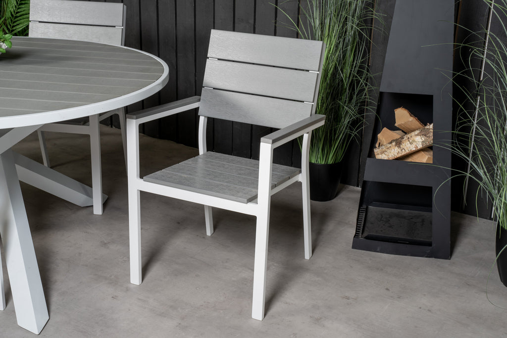 Parma matgrupp med 6 stapelbara Levels-stolar Ø140 cm vit/grå