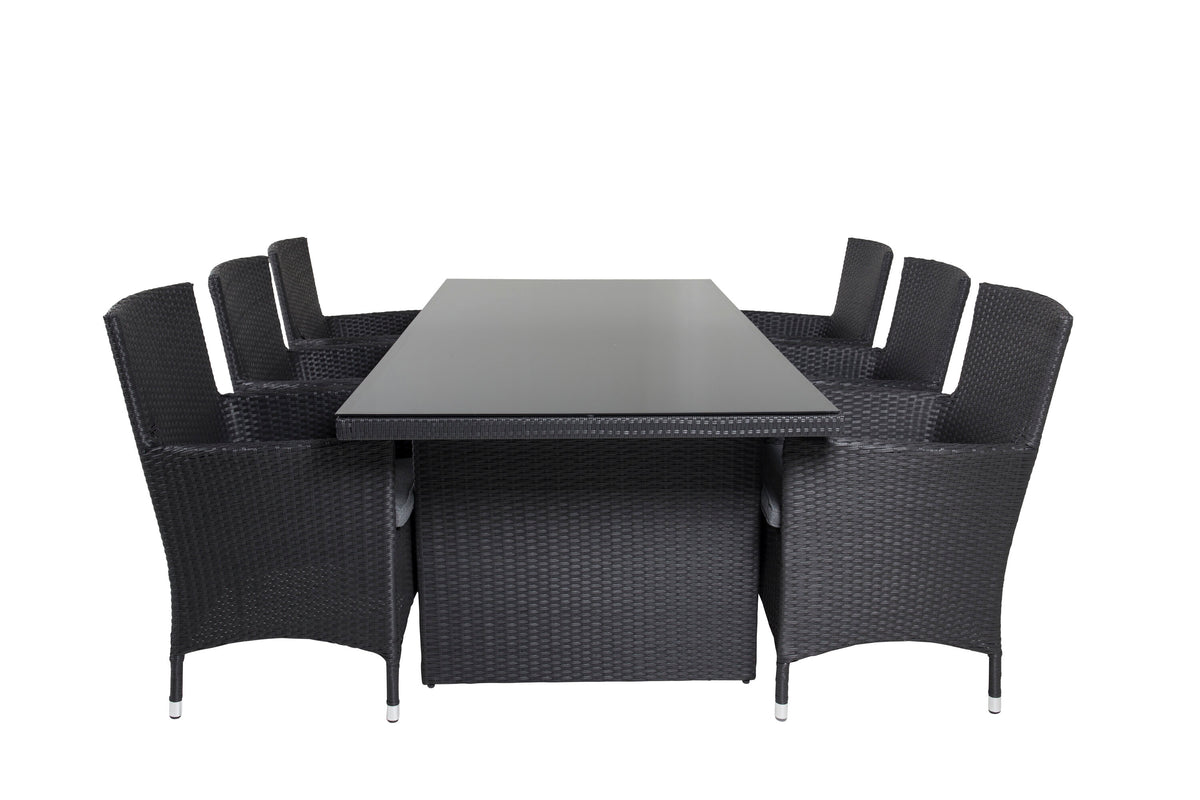 Padova matgrupp med Malin-karmstolar med dynor 200x100 cm svart/grå