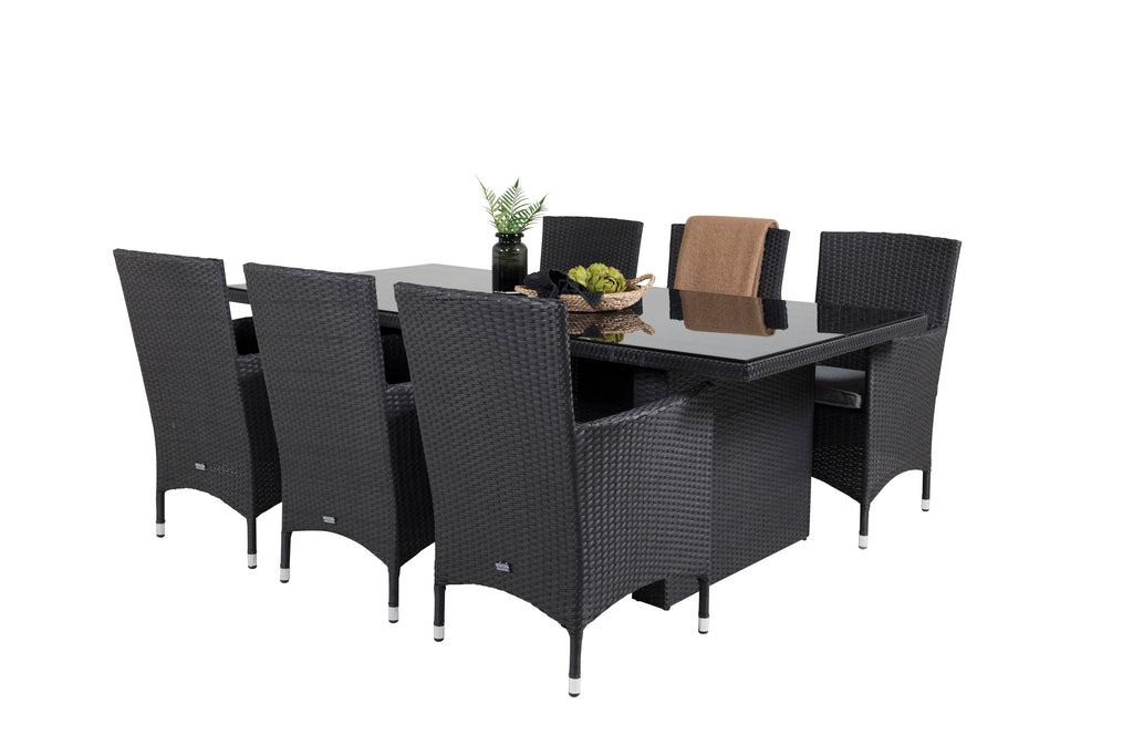 Padova matgrupp med Malin-karmstolar med dynor 200x100 cm svart/grå