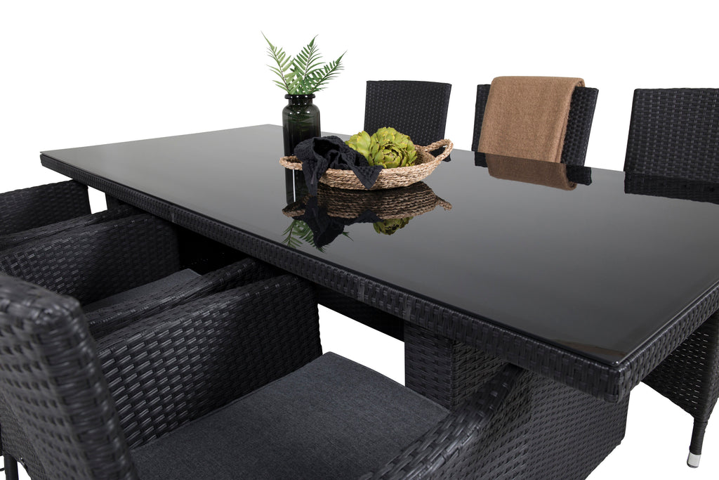 Padova matgrupp med Malin-karmstolar med dynor 200x100 cm svart/grå