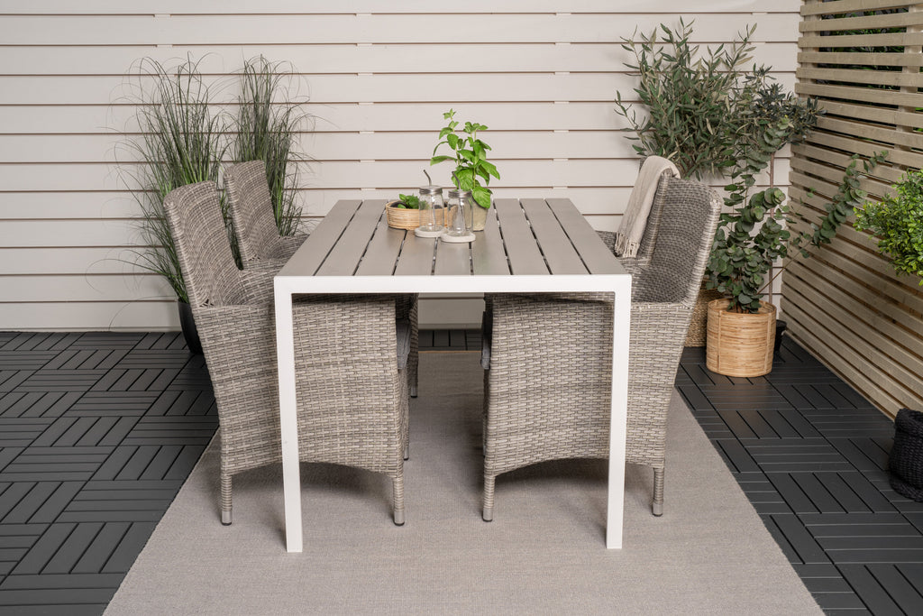 Break matbord vit alu/grå aintwood 150x90 cm med Malin karmstol med dyna