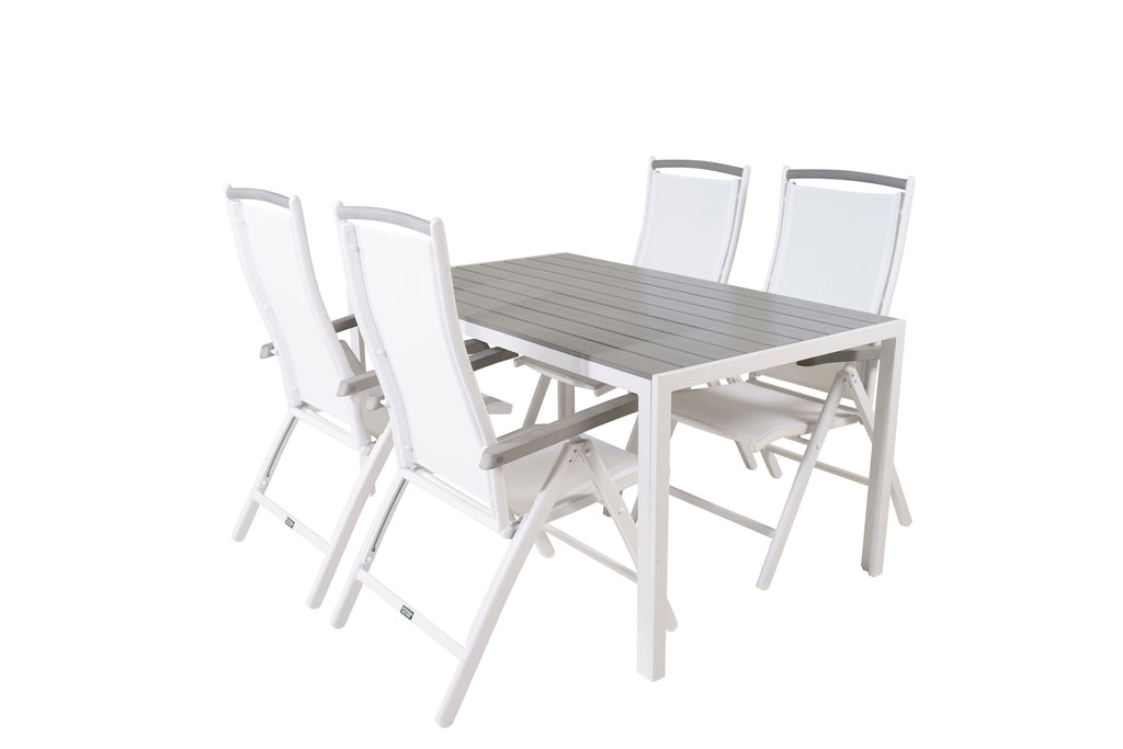 Break matbord vit aluminium/grå aintwood 150x90 cm med 5 Albany stolar vit