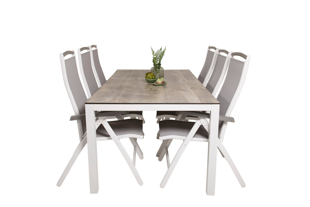 Llama matgrupp med 6 Albany-positionsstolar 205x100 cm vit/grå