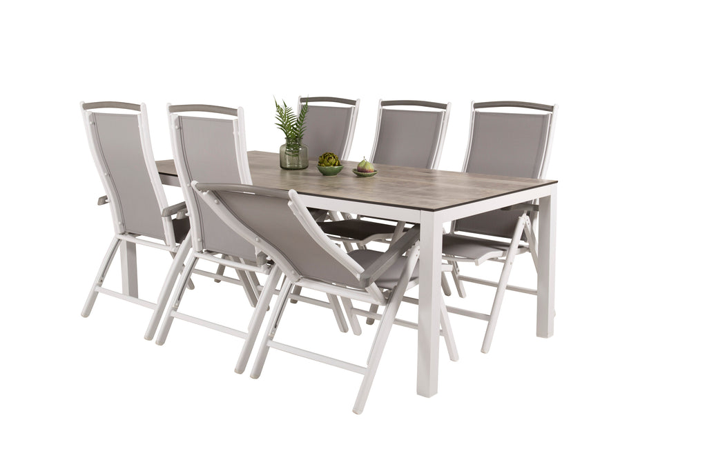 Llama matgrupp med 6 Albany-positionsstolar 205x100 cm vit/grå