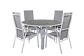 Parma matbord vit/grå Ø140 cm med 4 Copacabana reclinerfåtöljer vit/grå