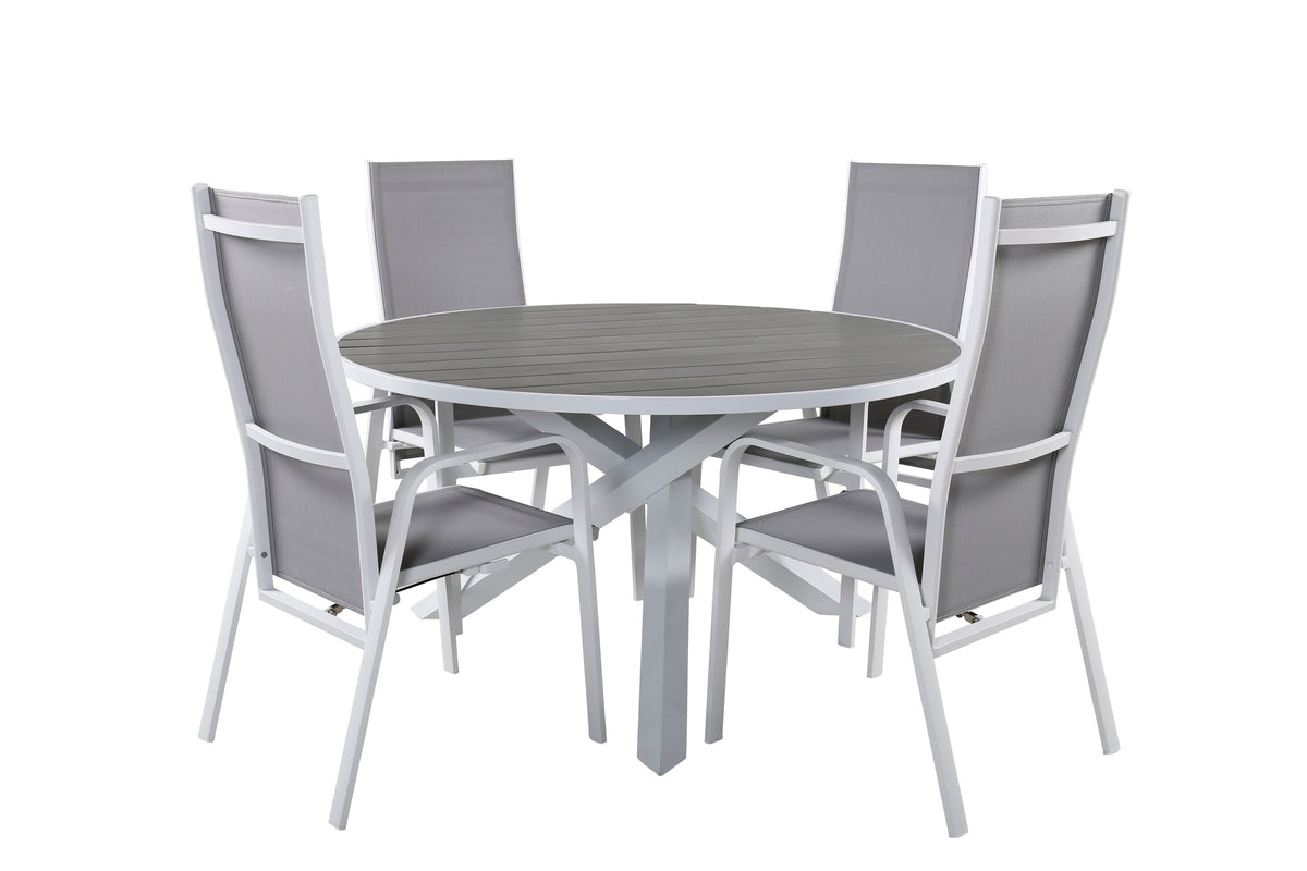 Parma matbord vit/grå Ø140 cm med 4 Copacabana reclinerfåtöljer vit/grå