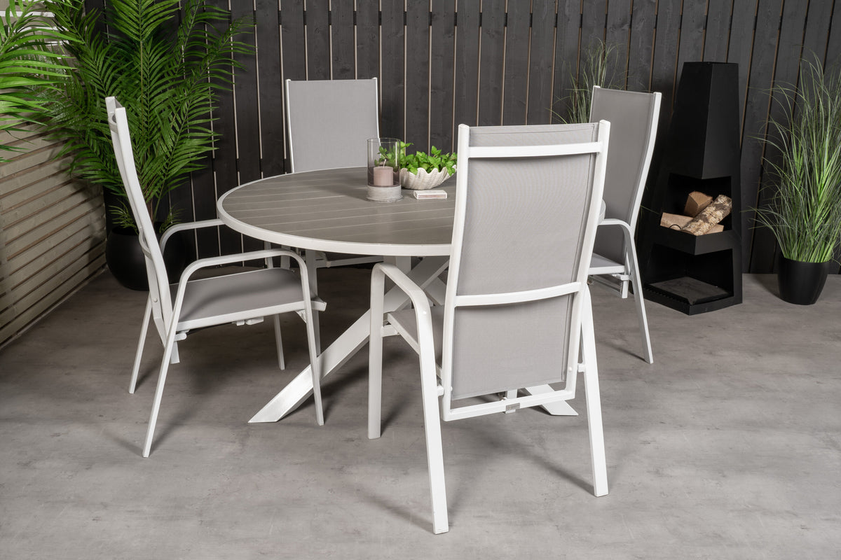 Parma matbord vit/grå Ø140 cm med 4 Copacabana reclinerfåtöljer vit/grå