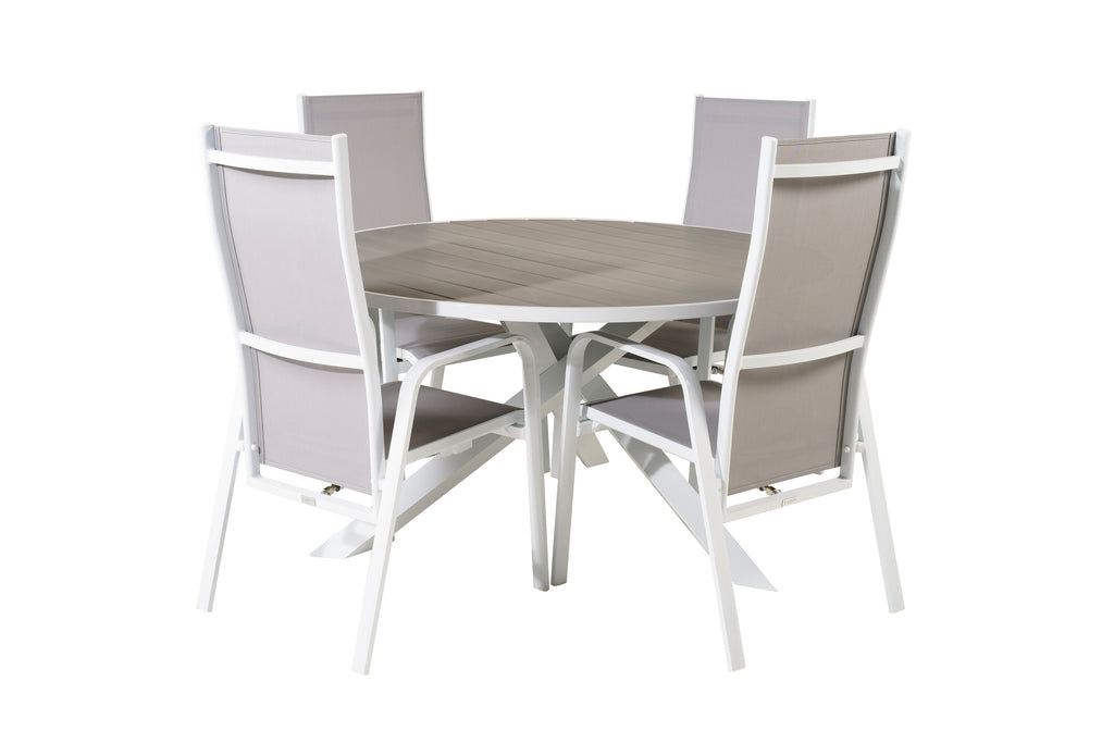 Parma matbord vit/grå Ø140 cm med 4 Copacabana reclinerfåtöljer vit/grå