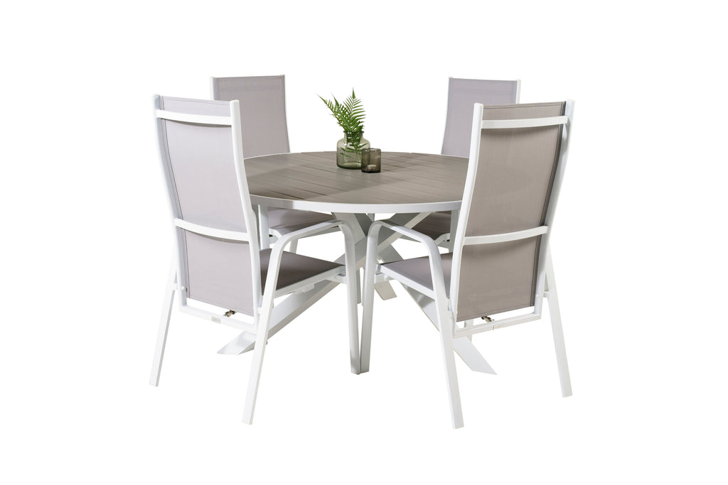 Parma matbord vit/grå Ø140 cm med 4 Copacabana reclinerfåtöljer vit/grå