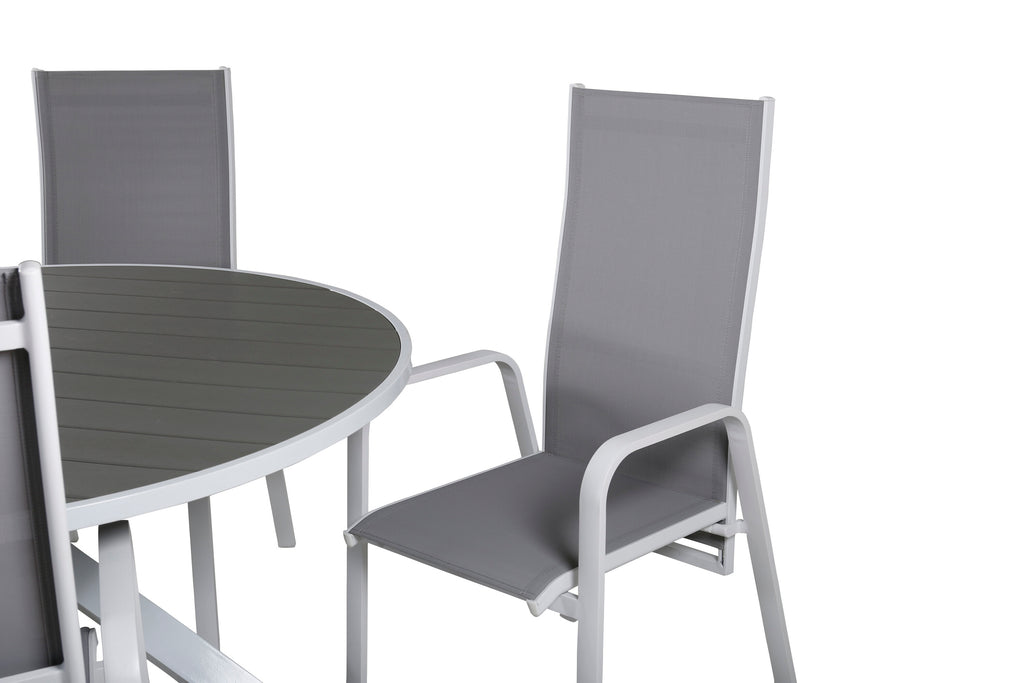 Parma matbord vit/grå Ø140 cm med 4 Copacabana reclinerfåtöljer vit/grå