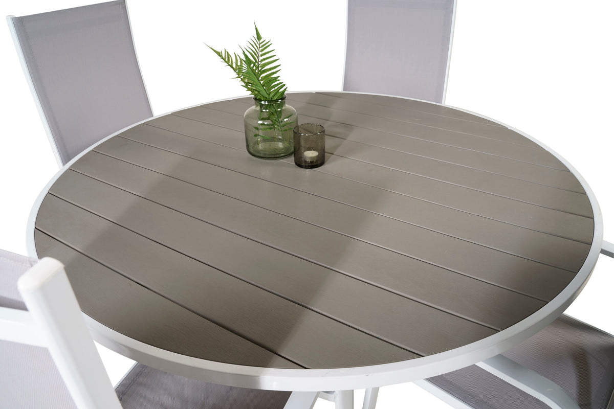 Parma matbord vit/grå Ø140 cm med 4 Copacabana reclinerfåtöljer vit/grå