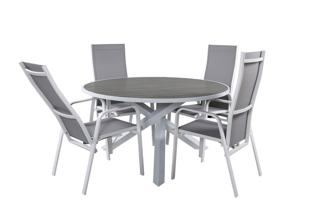 Parma matbord vit/grå Ø140 cm med 4 Copacabana reclinerfåtöljer vit/grå