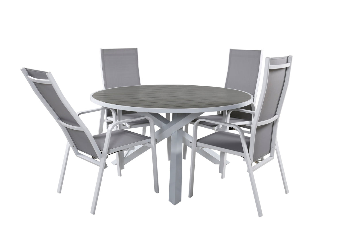 Parma matbord vit/grå Ø140 cm med 4 Copacabana reclinerfåtöljer vit/grå