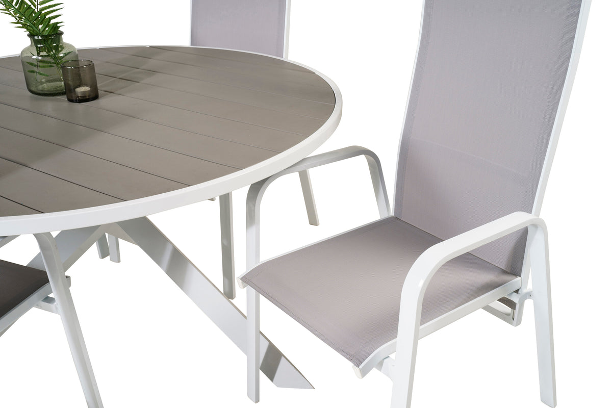 Parma matbord vit/grå Ø140 cm med 4 Copacabana reclinerfåtöljer vit/grå
