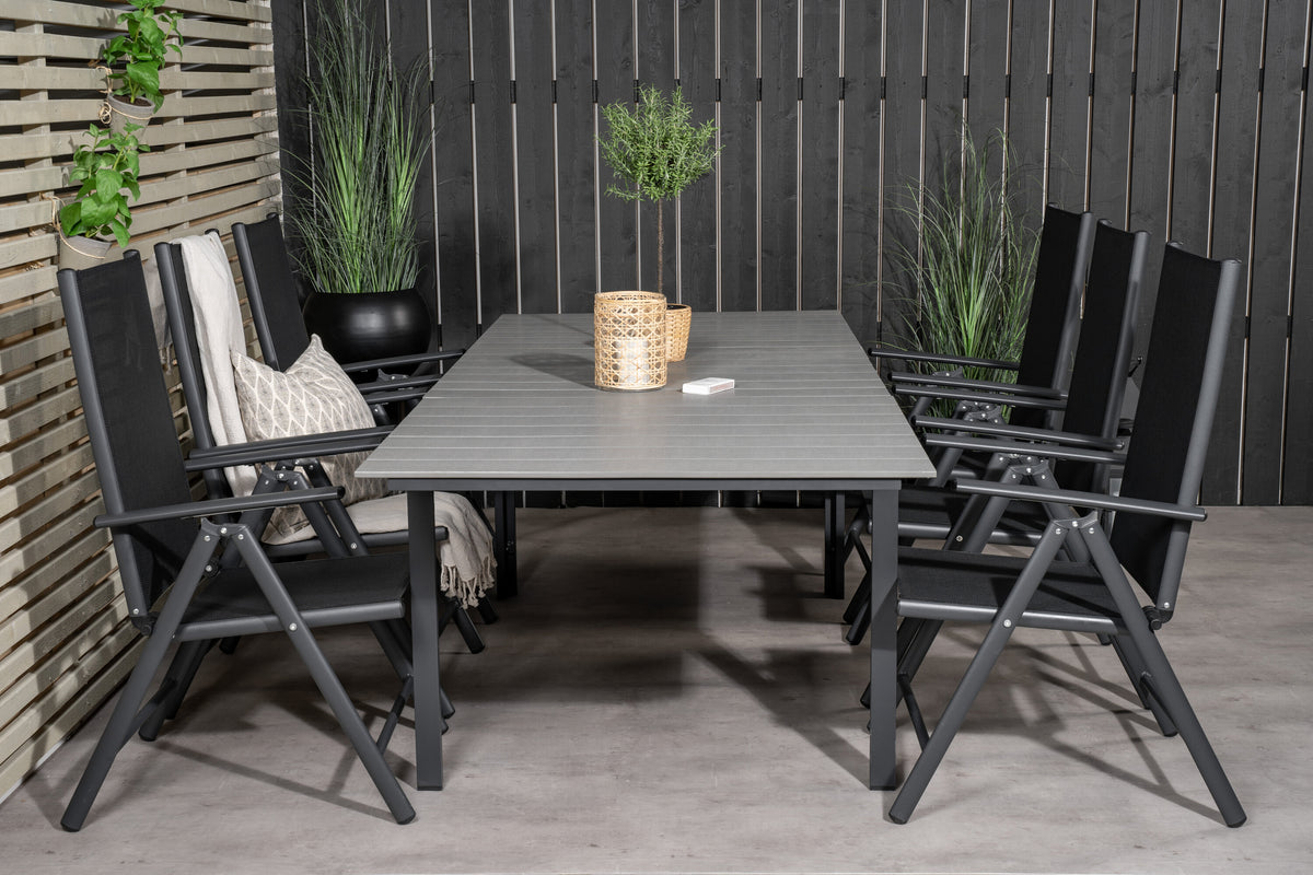 Levels matgrupp 160/240x90 cm svart/grå med 6 Break positionsstolar