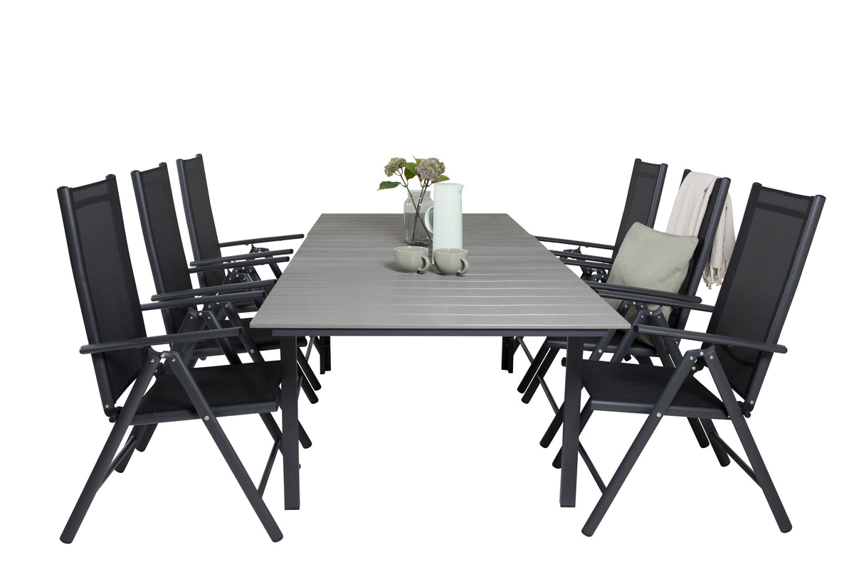 Levels matgrupp 160/240x90 cm svart/grå med 6 Break positionsstolar