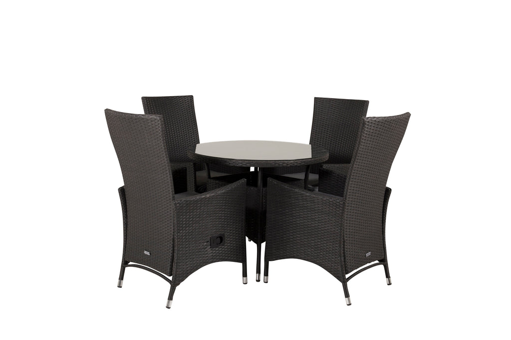 Volta matbord svart/glas Ø90 cm med 4 Padova stolar (recliner) svart/grå