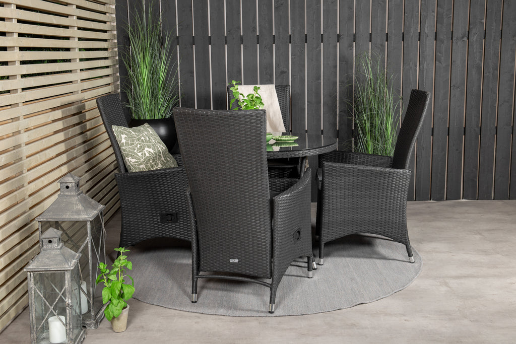 Volta matbord svart/glas Ø90 cm med 4 Padova stolar (recliner) svart/grå
