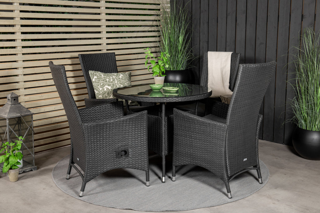 Volta matbord svart/glas Ø90 cm med 4 Padova stolar (recliner) svart/grå
