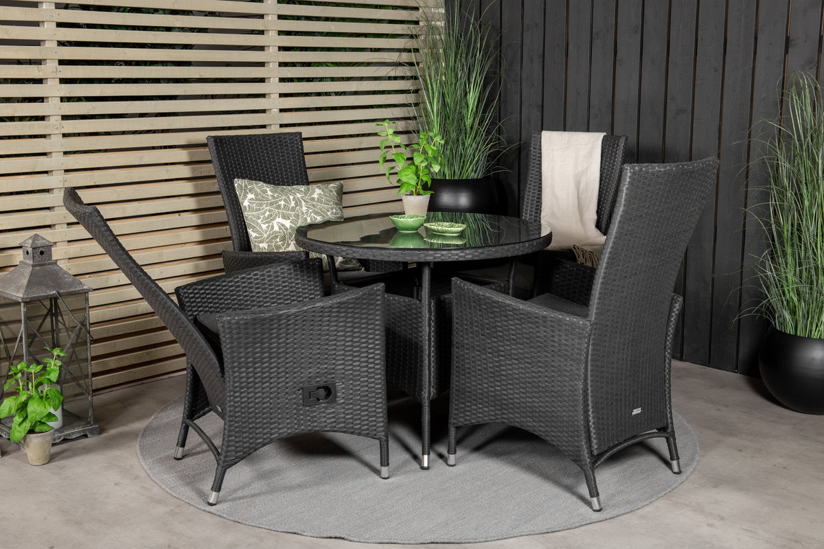 Volta matbord svart/glas Ø90 cm med 4 Padova stolar (recliner) svart/grå