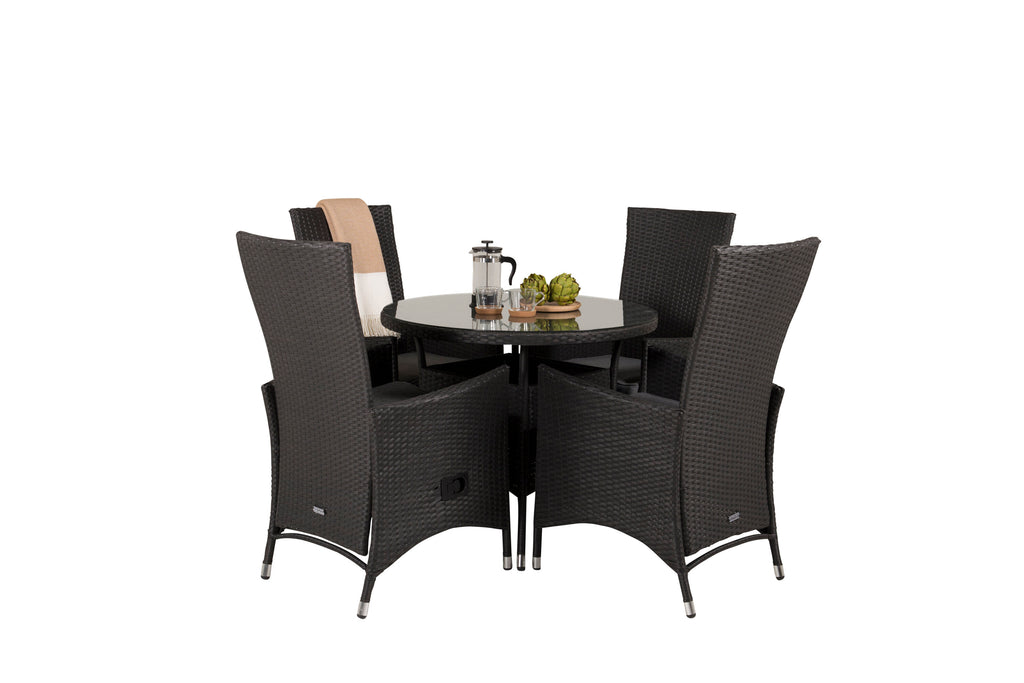 Volta matbord svart/glas Ø90 cm med 4 Padova stolar (recliner) svart/grå