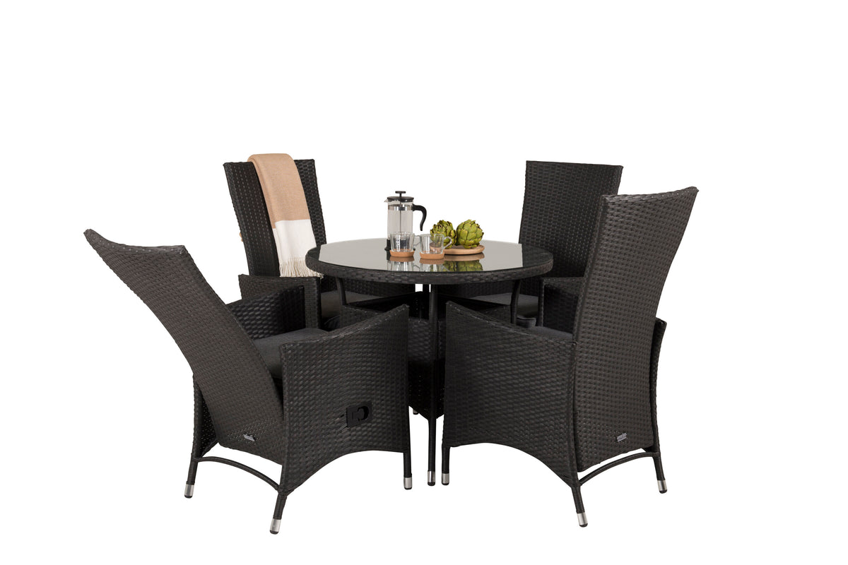 Volta matbord svart/glas Ø90 cm med 4 Padova stolar (recliner) svart/grå