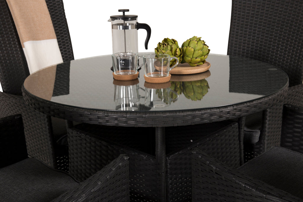 Volta matbord svart/glas Ø90 cm med 4 Padova stolar (recliner) svart/grå