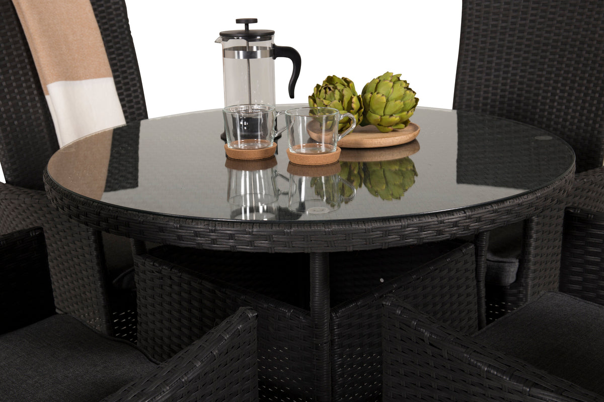 Volta matbord svart/glas Ø90 cm med 4 Padova stolar (recliner) svart/grå