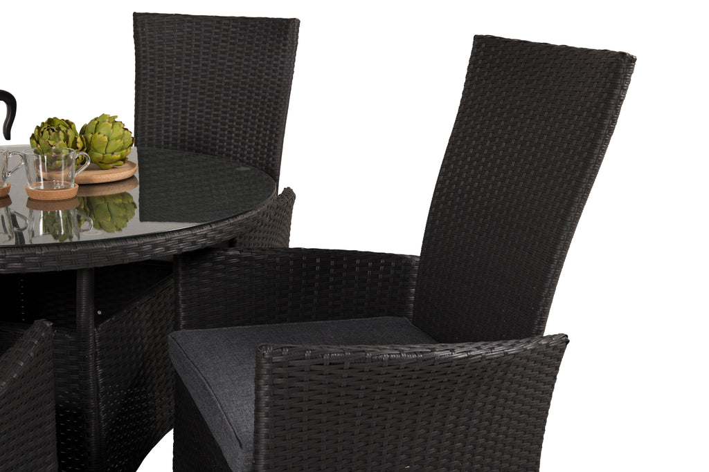 Volta matbord svart/glas Ø90 cm med 4 Padova stolar (recliner) svart/grå