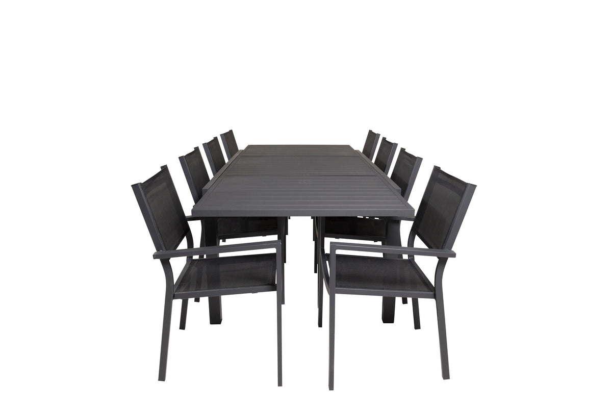 Marbella/Copacabana matgrupp med 8 stapelbara stolar 160–240 cm svart