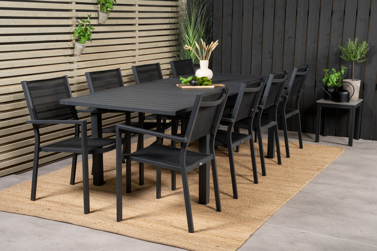 Marbella/Copacabana matgrupp med 8 stapelbara stolar 160–240 cm svart