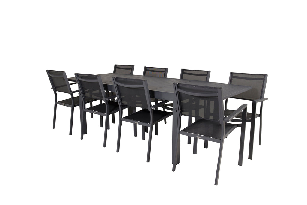 Marbella/Copacabana matgrupp med 8 stapelbara stolar 160–240 cm svart