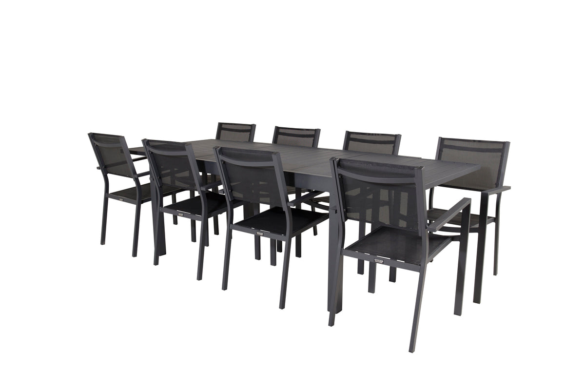Marbella/Copacabana matgrupp med 8 stapelbara stolar 160–240 cm svart