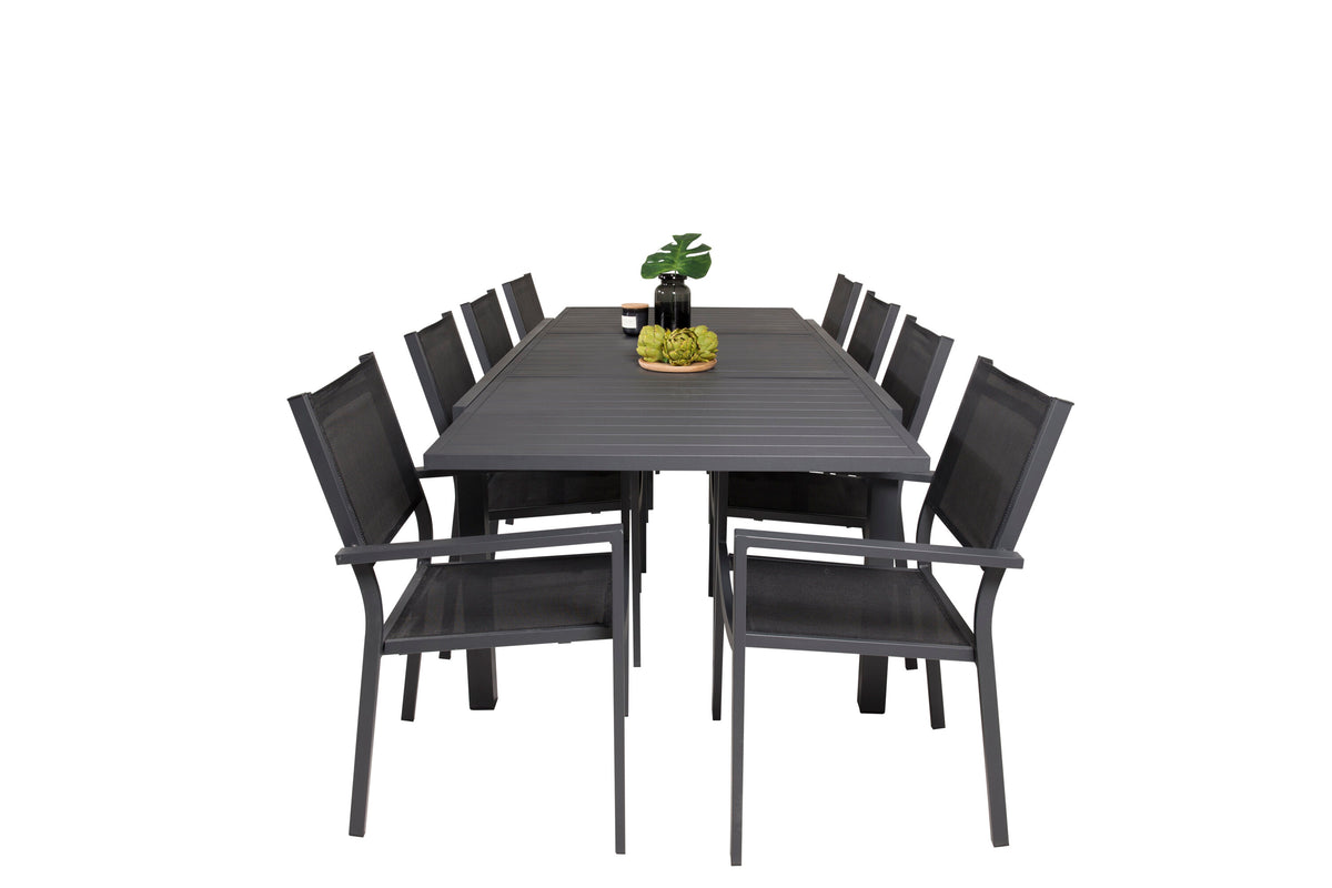 Marbella/Copacabana matgrupp med 8 stapelbara stolar 160–240 cm svart