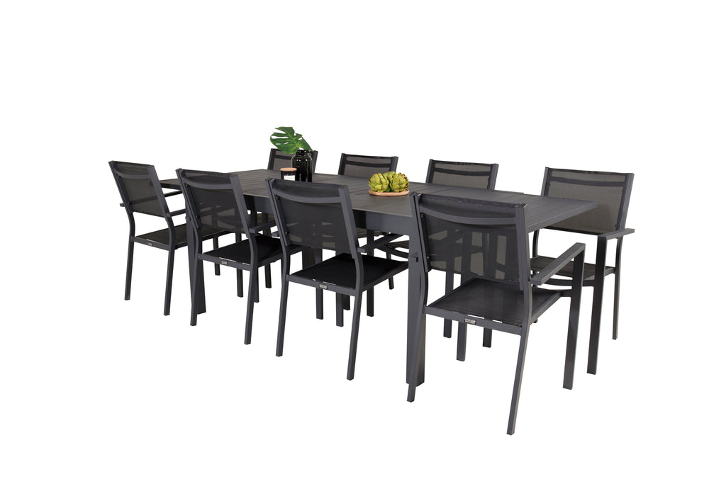 Marbella/Copacabana matgrupp med 8 stapelbara stolar 160–240 cm svart