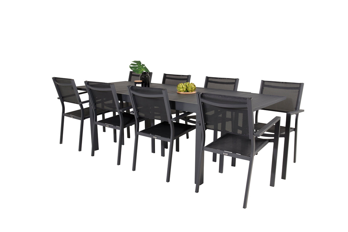 Marbella/Copacabana matgrupp med 8 stapelbara stolar 160–240 cm svart