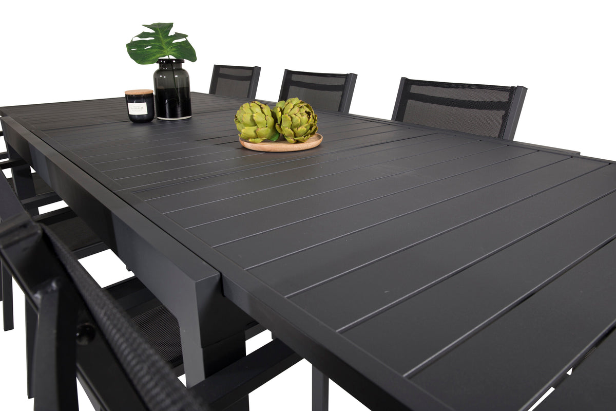 Marbella/Copacabana matgrupp med 8 stapelbara stolar 160–240 cm svart