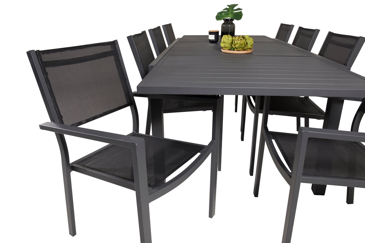 Marbella/Copacabana matgrupp med 8 stapelbara stolar 160–240 cm svart