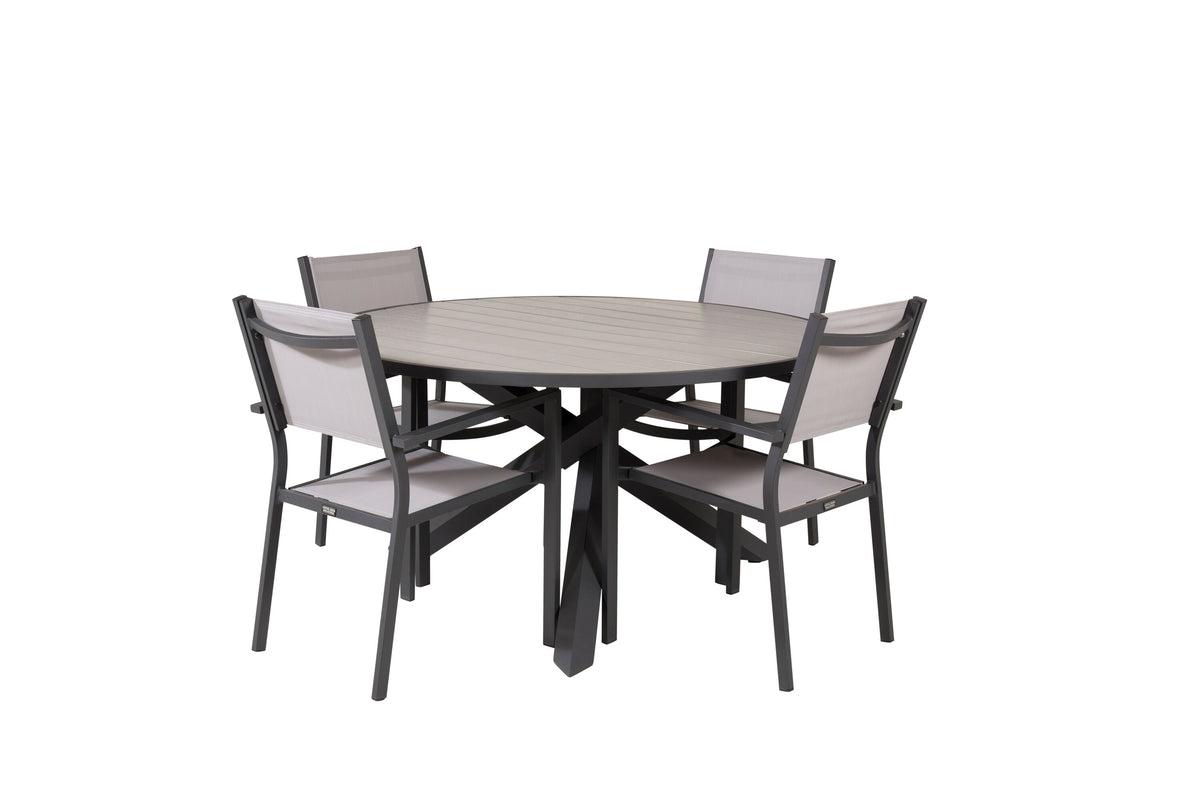 Parma matbord svart aluminium/grå aintwood Ø140 cm med Copacabana karmstol (stapelbar)