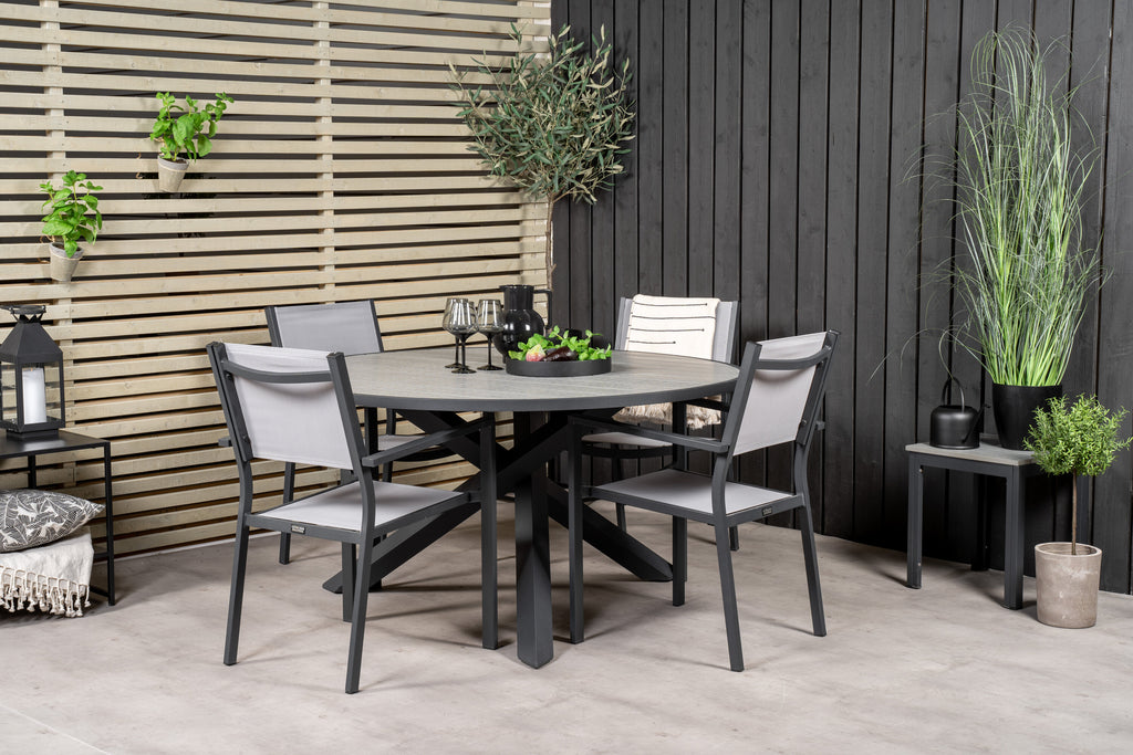 Parma matbord svart aluminium/grå aintwood Ø140 cm med Copacabana karmstol (stapelbar)