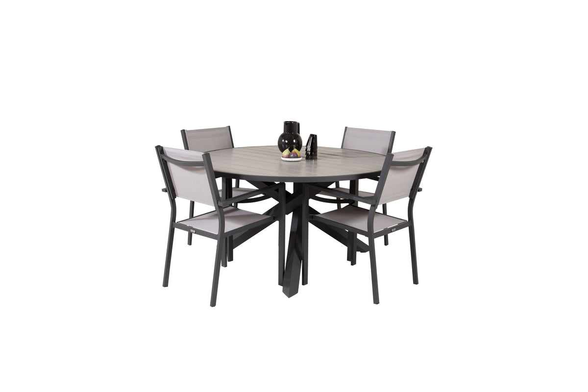Parma matbord svart aluminium/grå aintwood Ø140 cm med Copacabana karmstol (stapelbar)