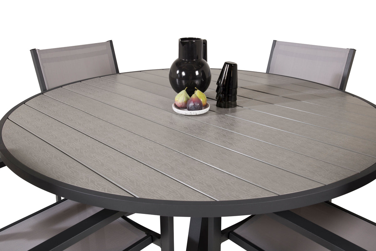 Parma matbord svart aluminium/grå aintwood Ø140 cm med Copacabana karmstol (stapelbar)